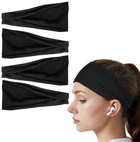 4 Pezzi Sportiva Fascia Capelli, headband Largo,fascia per capelli Antiscivolo,Fasce Elastica per Capelli sport,fascia sudore,per Corsa,Yoga, Fitness,Ciclismo, da uomo e donna(nero).