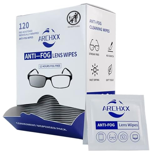 ARCHXX Anti Fog Wipes for Glasses, 120 Count,Pre-Moistened Cleaning Wipes, Lens Cleaner Wipe for Eyeglasses,Sunglasses,Goggles,Screen,Phone,Individually Wrapped Eye Glasses Cleaner