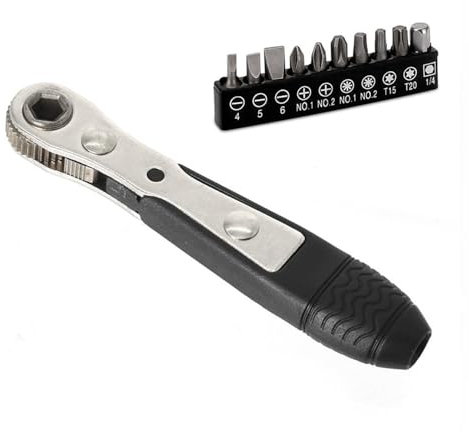 Ratschenschlüssel Magnetisch, 1/4 Zoll Ratsche Schraubendreher, 110mm Wendeschrauber mit 10 Stück Verschiedene Schraubendreher Bits, Mini Winkelschraubendreher für Gadgets, Autos, Häuser, Maschinen