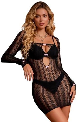 ohmydear Fishnet Lingerie for Women Sets Plus Size Long Sleeve Babydoll Chemise Sexy Nightwear Sheer Mesh Rave Outfits Stretchy Black Mini Night Dress L-2XL