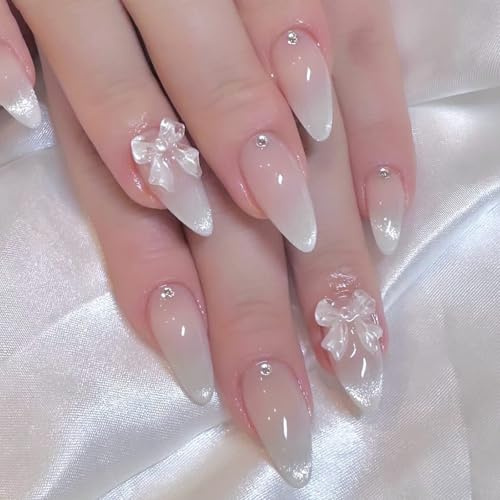 Ceboic Press on Nails Long Almond, 24PCS Pink Cat Eye French Fake Nails with 3D Bow Design, Glitter Rhinestones False Nails Full Cover Glue on Nail, Supremely Fit & Natural Stick on Nail for Women