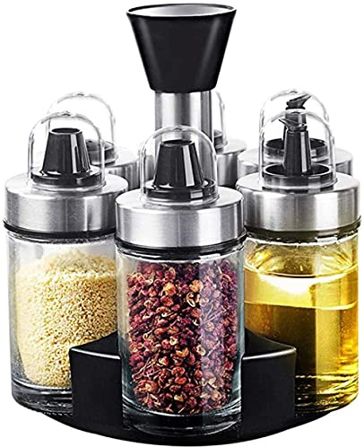 XWBLDBDFC Set di 6 bottiglie per olio e aceto, sale e pepe, rotazione a 360 gradi, in acciaio inox resistente e vetro