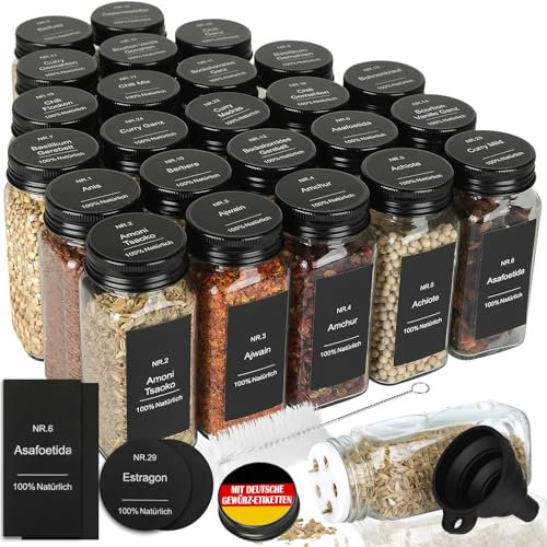 Juego de 24 tarros de especias rectangulares con bandeja para esparcir - con 360 etiquetas alemanas resistentes al agua - 120ml tarros de especias herméticos negros - Organizador de especias de vidrio