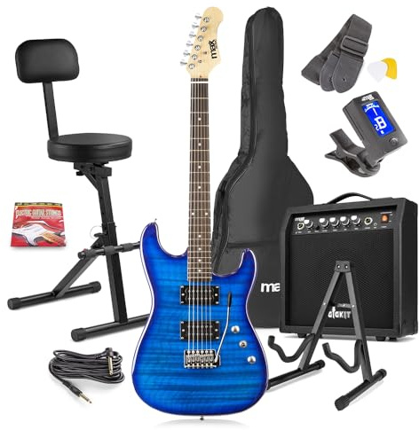Max GigKit Beginner Electric Guitar Bundle in Blue with 40W Amplifier, Folding Musician Stool & Guitar Stand – Complete Starter Pack for New Guitarists