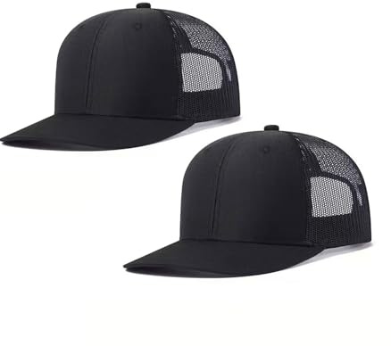 Qoyupuza 2-Pack Breathable Mesh Snapback Trucker Hats, Adjustable Baseball Caps for Men Women, Black & Black