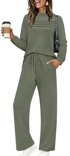 WIHOLL 2 Piece Sets for Women Casual Fall Wide Leg Loungewear Oversized Winter Cozy Tracksuit Women's Two Piece Matching Sets Long Sleeve Clothes Travel Airport Outfits Teacher Green L