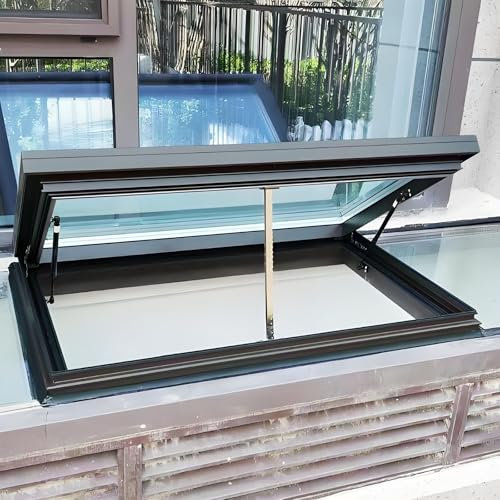 Skylights & Roof Windows, Custom 19.7-47.2in Roof Skylight Window with Gas Strut Lift, Tempered Glass Roof Hatch, Remote Control & Rain Sensor, Energy Efficient, Sunroom & Basement Skylight(Black,LxW