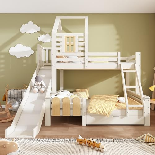 Merax Bunk Beds for Kids Children's High Sleeper Wooden House Bed Frame,with Ladder and Slide,Storage Drawer,Window Design,Sturdy Safety Guardrail,for Teenagers&Adults,(90+135)x190cm,Solid Wood,White