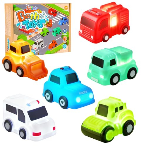 JoiTale Badewannenspielzeug, 6 Stück Autos Badespielzeug mit Licht, Ohne Löcher Badespielzeug Baby ab 1 2 3 Jahr, LED Badewannen Spielzeug Kinder, Leuchtet Wasserspielzeug Baby Sensorik Spielzeug