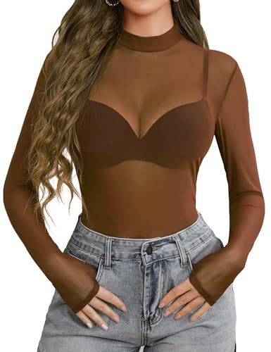 Avidlove Haut en Maille Transparente Femme T-Shirt Manche Longue Blouse | Tissu Mesh Extensible et Respirant, Sexy Top col montant, Tenue Décontractée et Élégante, pour Rave Soirée Festival Club