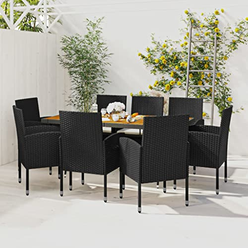 JHQHSM 9-TLG. Gruppo da giardino in polyrattan nero con piano in legno di acacia e rattan PE impermeabile per terrazza, sala da pranzo da esterno con telaio in acciaio e sedie ergonomiche,