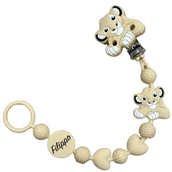 Chaîne porte-tétine en silicone personnalisée avec nom - Modèle Bubble Charm - Clip sécurisé - Idée cadeau naissance - Lion