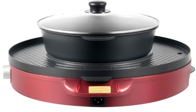 Hot Pot Elektrisk 2 200 W röd med grillplatta och dubbelzonsdesign, elektrisk hotpot med non-stick-beläggning för Shabu Shabu & Korean BBQ – delad kruka för fest och hem
