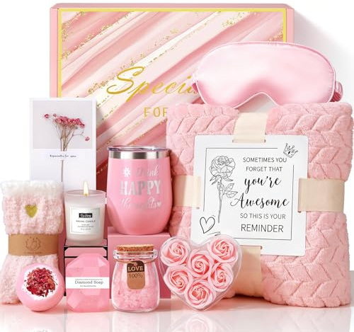 Birthday Pamper Gifts for Women, Luxury Self Care Package Relaxing Spa Bath Set for Her, Wellbeing Get Well Soon Basket Sympathy Present with Flannel Blanket, Gift Hampers for Mum Friend Wife Sister