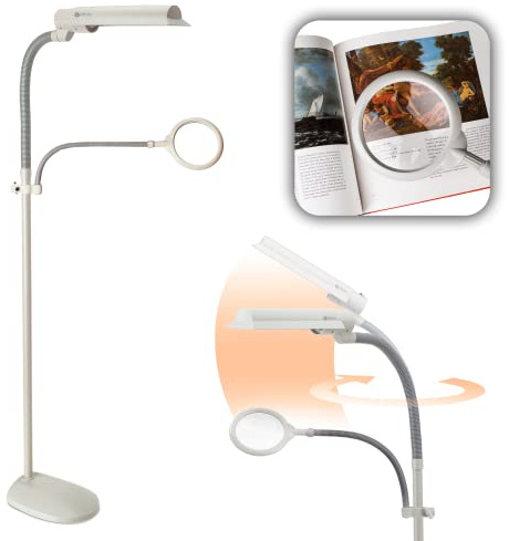 OttLite 18w EasyView Standing Floor Lamp with Optical Grade 3X Magnifier Attachment Arm & Flexible Neck - Wide Wing Shade with Modern Design for Crafting, Work, Office, Dorm Room, Sewing & Reading
