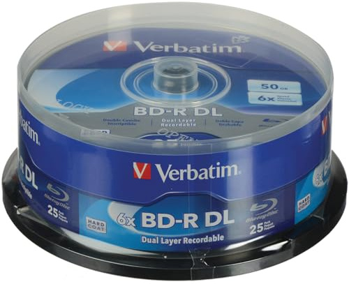 Verbatim BD-R DL 50GB 8x Double Layer Hard Coat Blu-Ray Recordable Disc, 25-Pack Spindle