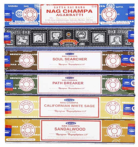 Satya - Set of 6 - Nag Champa, Super Hit,Path Breaker,Soul Searcher, Sandalwood, Californian White Sage 15 Grams