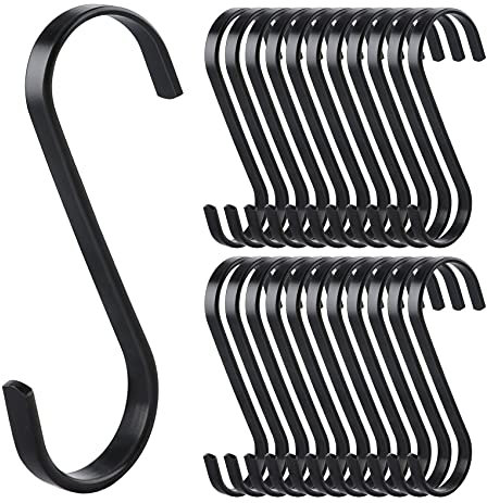 20 Pack S Hooks for Hanging, 8.5cm Black Stainless Steel Metal Heavy Duty Kitchen Hooks for Utensils Pan Pot Kitchen Bedroom Bathroom Clothes Garden Office