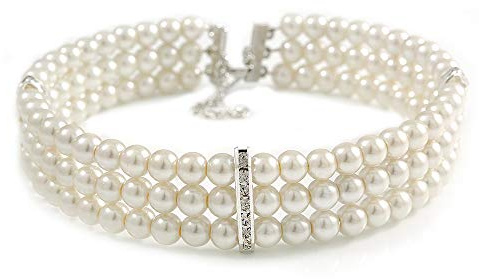 Avalaya Collana girocollo rigida a tre file di perle finte bianche con dettagli a barra di cristallo, tonalità argento, lunghezza 36 cm, estensione 5 cm