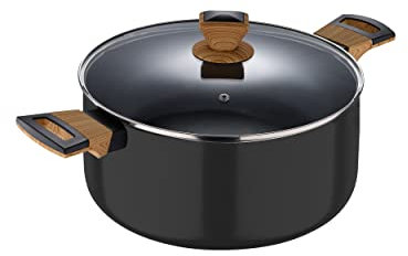 Bergner - Casseruola 20x11,5cm in alluminio con maniglie soft touch effetto legno e coperchio in vetro, linea Earth Black induzione