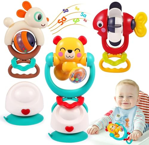 Baby Toys 6-12 Months Infant Toy Set of 3 High Chair Suction Cup Rattle Teething Toys for Babies 6 7 9 12-18 Months 2-in-1 Sensory Development Tray Toy Baby Gifts for Boys Girls