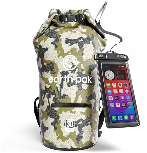 Earth Pak Dry Bag – vattentät packsäck med dragkedjeficka, axelrem och vattentätt mobiltelefonfodral – perfekt för kajakkörning, camping, fiske, båtliv och forsränning (kamouflage, 30 l)