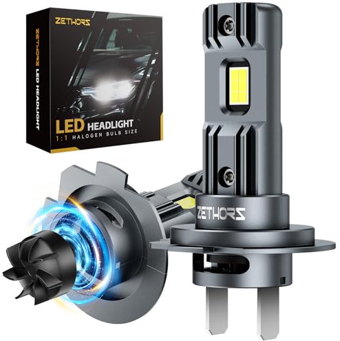 Zethors H7 LED Headlight Bulb 20000LM 6000K Xenon White Mini H7 Headlight Bulb Non-Polarity Plug and Play Wireless Car High/Low Beam Halogen Replacement H7 LED Canbus with Fan Waterproof IP68, 2PCS