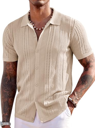 COOFANDY Men's Knit Shirts Short Sleeve Button Up Polo Shirt Fashion Casual Summer Beach Shirts, Apricot, Medium