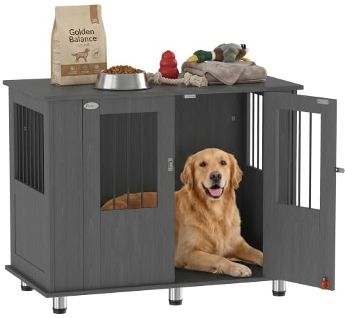 PawHut Dog Crate Furniture End Table, Pet Kennel for Medium and Large Dogs with Magnetic Door, Grey, 95 x 55 x 75 cm