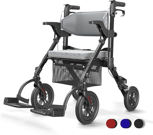 VOCIC 2 in 1 Rollstuhl Rollator Faltbar und Leicht mit Sitz,Outdoor Gummireifen für Allen Gelände,Leicht Rollatoren mit Netztasche,Aluminium Gehhilfer Transport-Stuhl,Obsidianschwarz (5 Jahre Support)