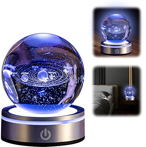 TOWEBOORY Sfera di Cristallo del Sistema Solare 3D, 6 Colori Cambiano 3.15 Inch con Base a LED, Luce Notturna Ricarica USB per la Casa Astronomia Regali