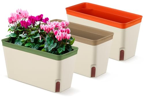 Aenmido 3 Pack Self Watering Plant Pots,27CM Windowsill Herb Planter Box, Plastic Flower Pots for Indoor Outdoor,Modern Decorative Planter Pot with Water Level Window and Drainage Hole Hidden Tray