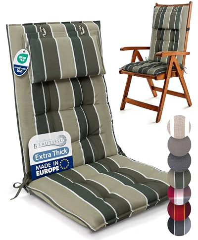 Beautissu Set 2 Premium Cojin Silla Jardín con Respaldo Alto y Almohadilla 120x50cm Sun-HL – Resistencia UV 8cm Grosor Acolchado Cojín Exterior con Respaldo Antideslizante – Rayas Verde