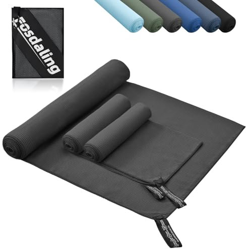 Fosdaling 3er Set Mikrofaser Handtuch: Groß 160×80cm & 2 Klein 80×40cm, Schnelltrocknend Microfaser Sporthandtuch, für Badetuch, Reisehandtuch, Fitness & Sport Handtücher und Strandtuch (Dunkelgrau)