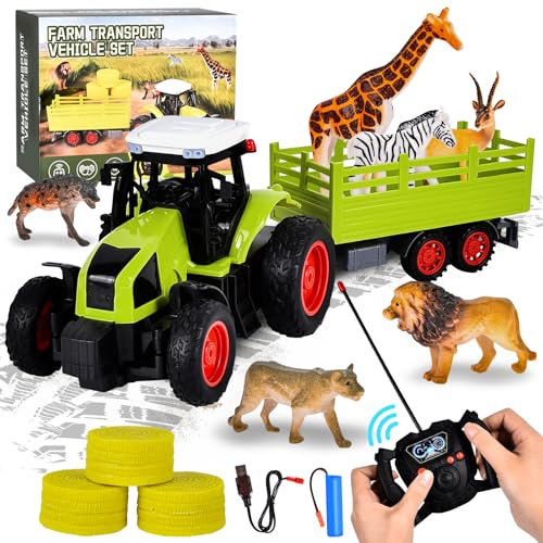 Aragallant Ferngesteuerter Traktor Spielzeug ab 3 4 6 8 Jahre, RC Traktor mit Anhänger Bauernhof Tiere Figuren Spielset, Ferngesteuert Traktor Geschenke für Kinder Jungen Mädchen