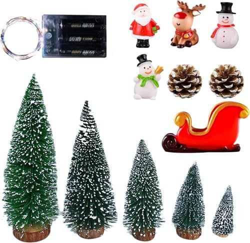 FANWINKJ 5 Pezzi Mini Albero di Natale Artificiale con Effetto Neve, Piccolo Mini Albero di Natale 10/15/20/25/30cm, Con Mini Babbo Natale-Piccolo Pupazzo di Neve-Mini Cervo-Mini Carro Slitta