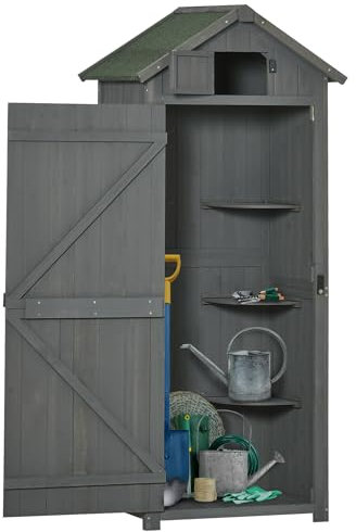 Outsunny Armoire de Jardin extérieur abri de Jardin en Bois abri pour Outils 3 étagères 2 Portes loquets Toit Pente bitumé Rangement et Stockage extérieurs pour terrasse 77 x 54 x 179 cm Gris