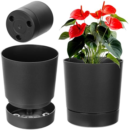 KADAX Vaso da fiori con sottovaso, diametro 20 cm, vaso da fiori in plastica per interni, vaso con superficie opaca per piante da interno (Nero)