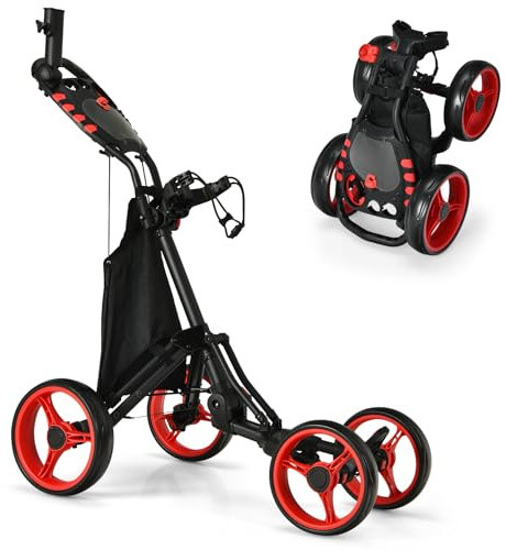 GOPLUS Carrito de Golf Plegable con 4 Ruedas, Carro Golf Ligero con Bolsa Impermeable, Freno de pie, Soporte para Paraguas Ajustable, Portavasos y Asa Ajustable, 110 x 100 x 65 cm