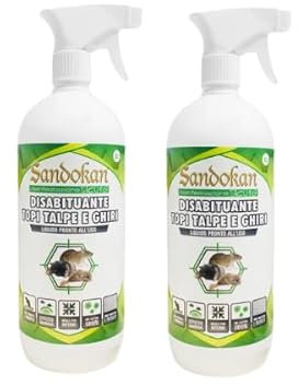 Disabituante per Topi, Ratti, Talpe e Ghiri Sandokan 2 x 1litro – Repellente Naturale con Effetto Barriera Olfattiva, Pronto litroall'Uso per Ambienti Interni ed Esterni