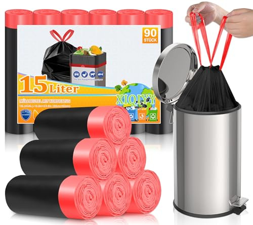 XIQIYY Sacchetti Spazzatura 15L con Manici – Sacchi Immondizia Neri Resistenti, 90 Pezzi Sacchetti Spazzatura Piccoli per Bagno, Casa e Ufficio
