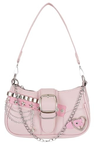 Aulenge Sac à Bandoulière en Cuir PU pour Femmes Sac à Main avec Motif Chaîne Étoile Y2K Filles Cool et Sensationnelles Mini Sacs en Cuir PU pour Femmes Rose