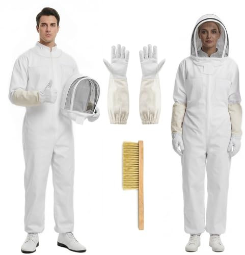 Imkeranzug Imkerei Anzug Ganzkörper Schutzanzug mit Schleier Kapuze Handschuhe, Stichfeste Bienen Schutzbekleidung für Garten und Imkereibedarf, Unisex Weiß (XXL)