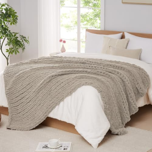 L'AGRATY Chunky Knit Blanket Throw,Soft Chenille Yarn Throw Blanket 150x200cm，Handmade Cable Knit Crochet Blanket,Large Knit Blankets Throw Blanket for Couch Sofa Bed Home Decor (Double,Light Linen)