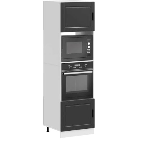 LoogCape Porto Lot de 2 armoires de cuisine noires en bois 60 x 57 x 207 cm Pieds réglables pour four et micro-ondes Armoire de cuisine peu encombrante avec espace de rangement et compartiment