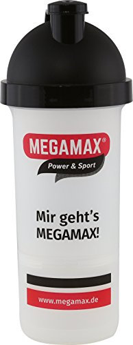 MEGAMAX Shaker Schwarz[Protein Eiweiß Mixer] für auslaufsichere Shakes | Trinkflasche für Eiweißshakes u. Für Krafttraining, Bodybuilding & Fitness | Mixbecher mit Pulverfach Schraubverschluss