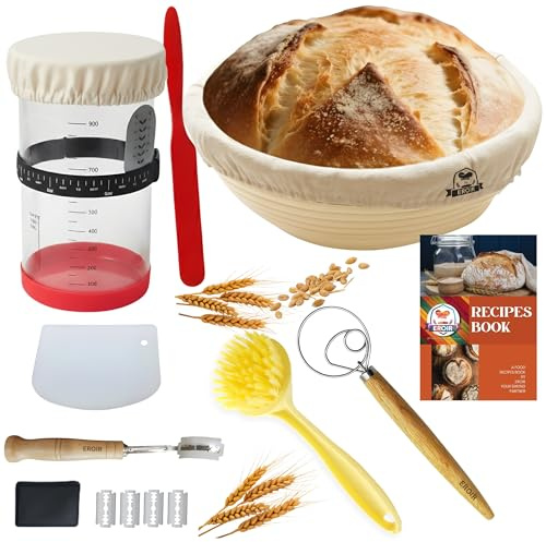 EROIR Sourdough Starter Kit - 38oz Glass Starter Jar with Date Marked Feeding Band, Thermometer, Jar Scraper, 9 Round Bread Proofing Basket, Dough Whisk, Lame, Bowl Scraper, Clean Brush, Recipes Book