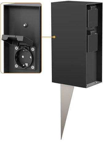 ledscom.de Colonne de Prise de Jardin POMI avec Piquet de Terre pour l'extérieur, IP44, capteur crépusculaire, Triple, Noir, Angulaire, 23cm