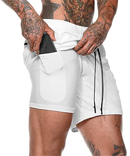XDSP Pantaloncini Sportivi da Uomo, 2 in 1 Sport e Allenamento Fitness Shorts Jogging, Pantaloncini Asciugatura Veloce (Bianco, XXL)