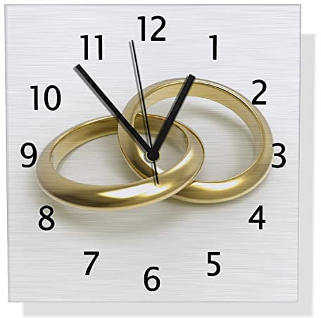 Wallario Design Wanduhr Zwei goldene Eheringe in Nahaufnahme auf weißem Grund aus Aluverbund, Alu-Uhr Größe 30 x 30 cm, Schwarze Zeiger mit Metalloptik